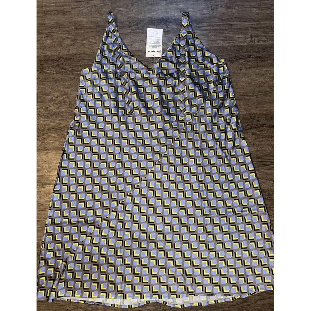 Wildfang Empower Satin Slip Dress Womens 2X Cubic Blue Yellow Geometric - Picture 3 of 5